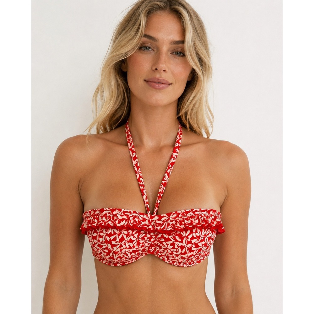 Freya Bandeau Halter Bikini Top Red White Bows Underwire Size M 32F